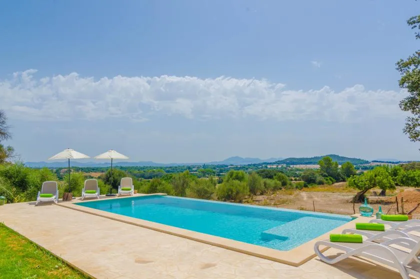 An outdoor swimming pool overlooks green countryside beneath a blue sky.