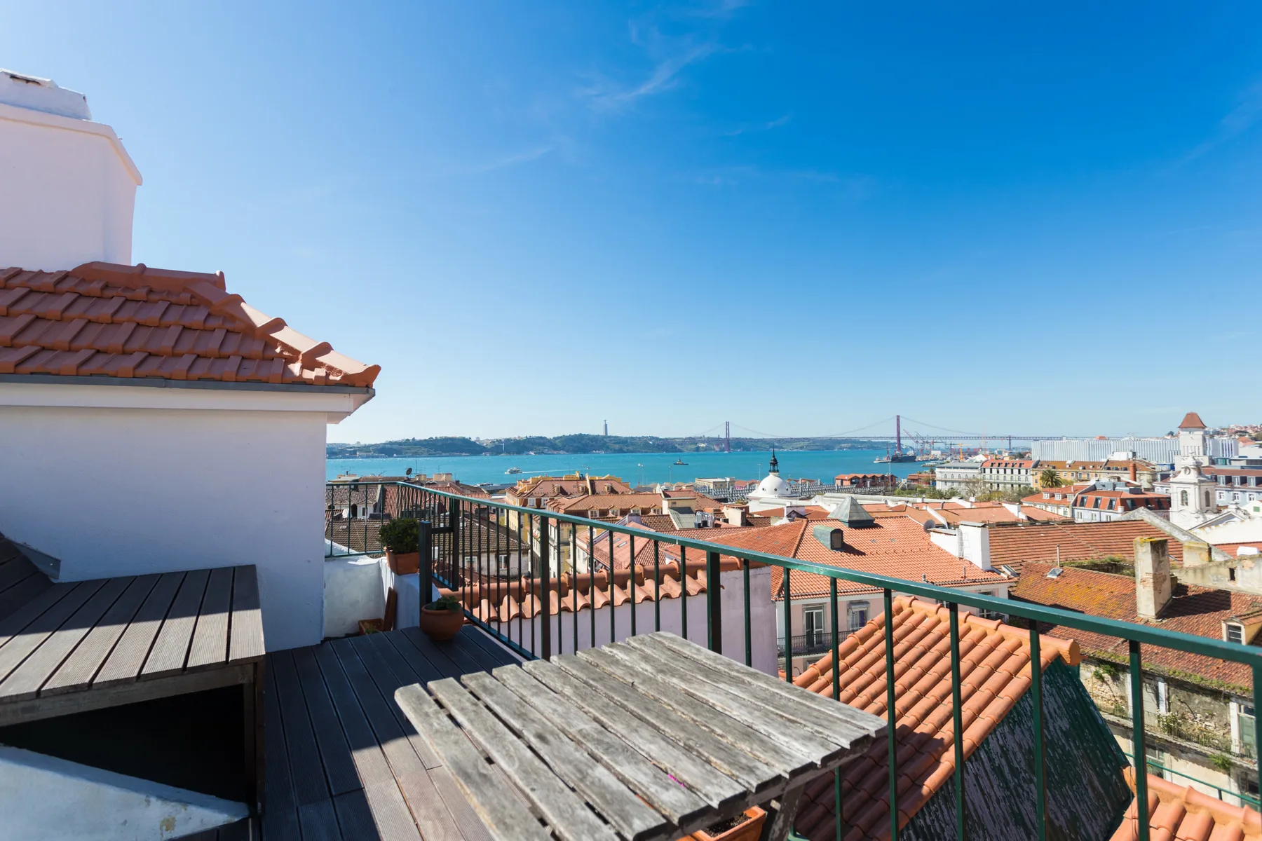 Una terraza en la azotea mira hacia tejados rojizos y un amplio río azul.