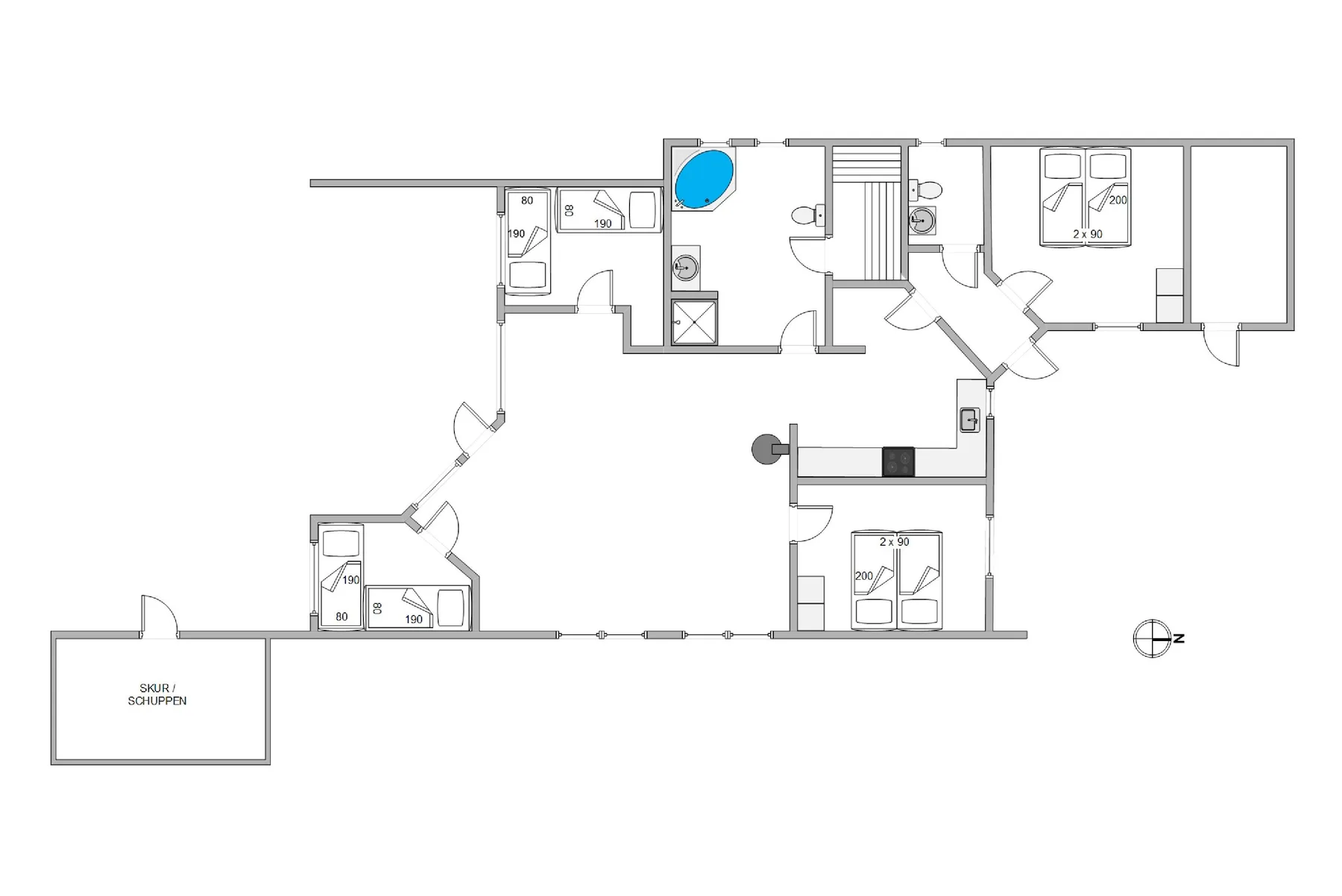 Architectural floor plan showing several rooms, bedrooms, bathrooms, and a central hallway.
