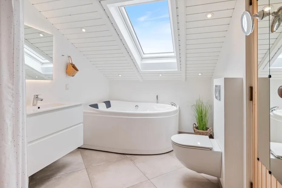 A bright bathroom with a large bathtub beneath a skylight.