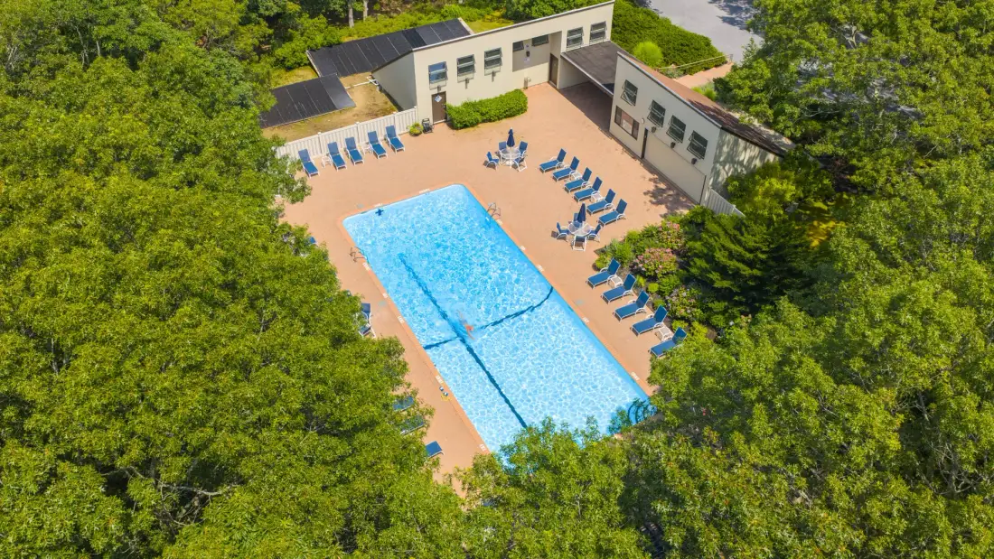 An outdoor swimming pool sits beside a building, surrounded by trees.