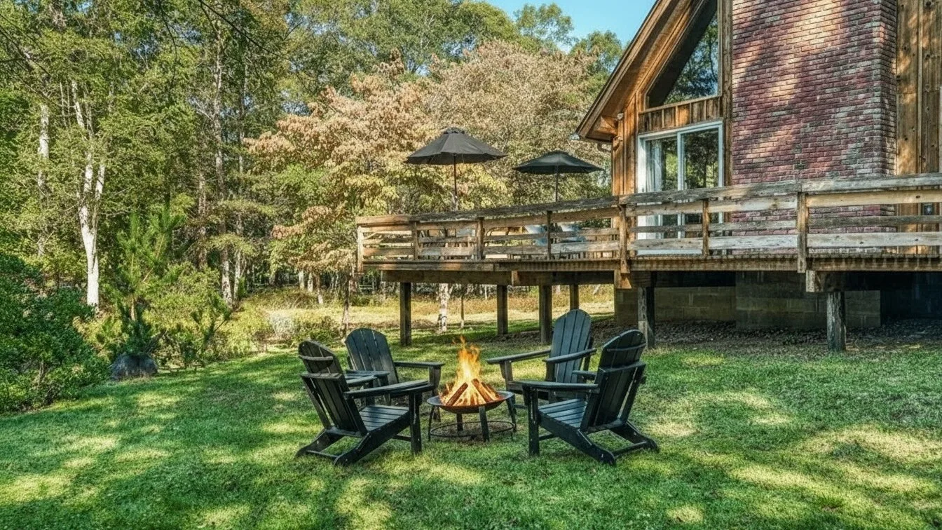 A wooded outdoor seating area with a fire pit beside a raised deck.