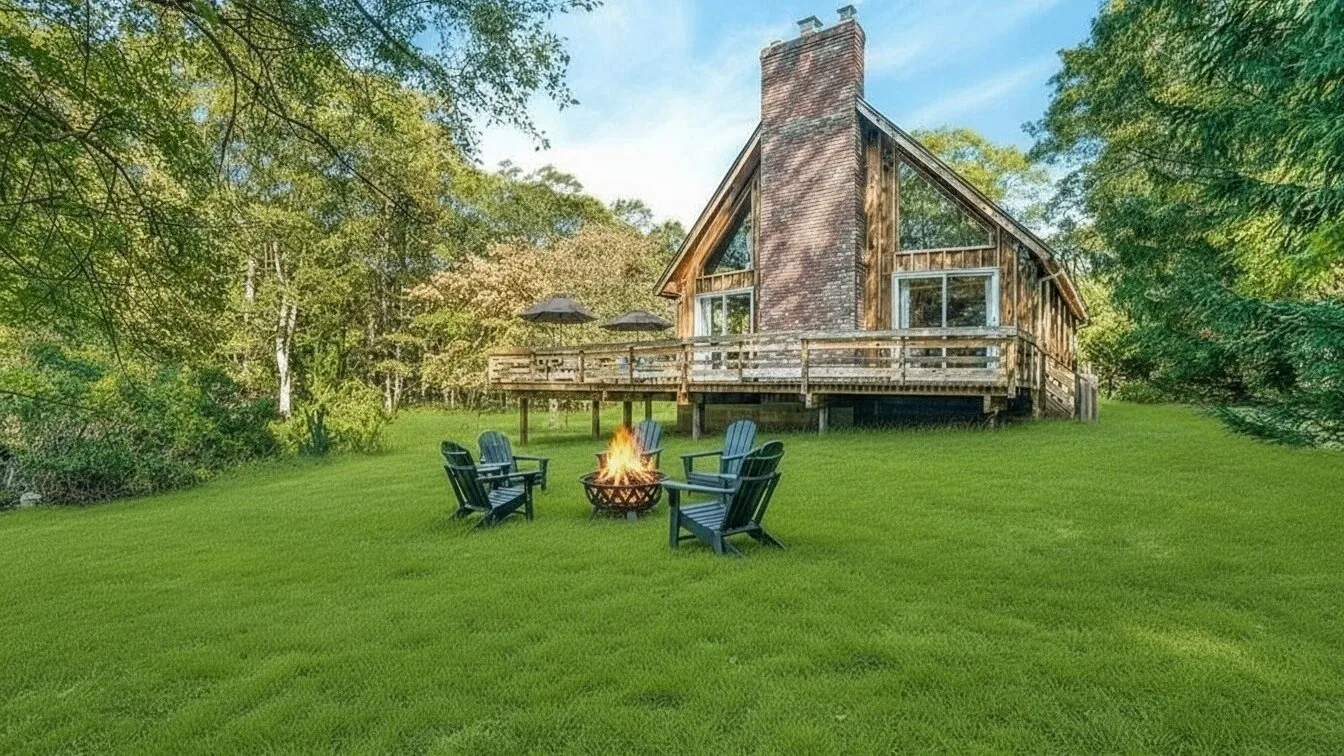 A wooded cabin with a raised deck overlooks a lawn with a fire pit.