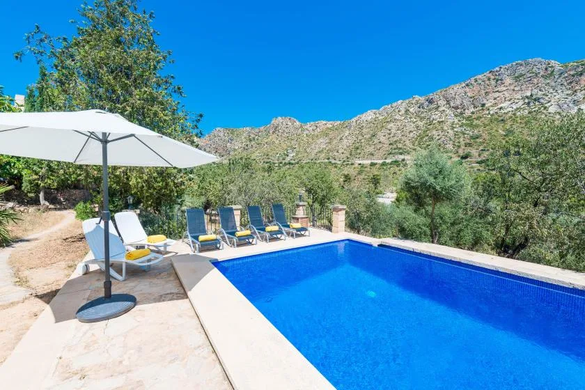 An outdoor swimming pool sits beside lounge seating, with hills in the background.