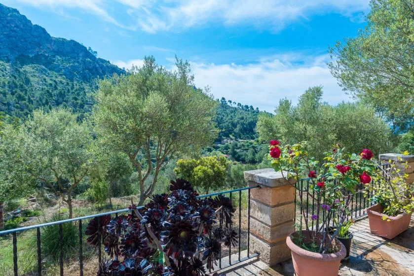 A garden terrace overlooks a green, mountainous landscape beneath a blue sky.