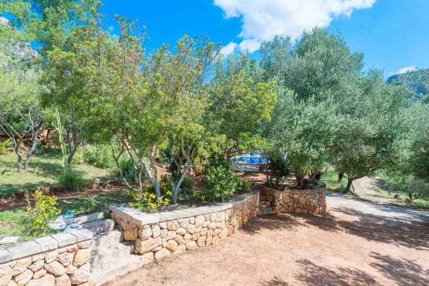 A landscaped outdoor garden with leafy trees and low stone walls.