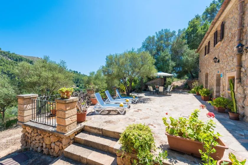 A sunny stone patio with lounge seating, potted plants, and views of the surrounding greenery.