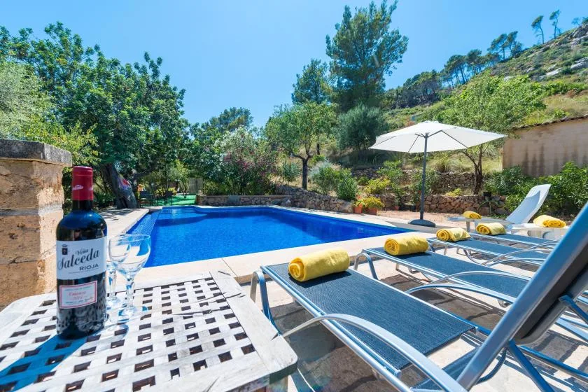A swimming pool with loungers, an umbrella, and a bottle on a table.