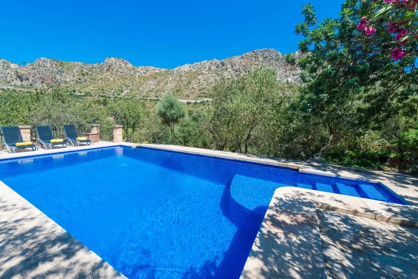 An outdoor swimming pool overlooks a green, mountainous landscape.