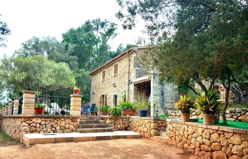 A stone house stands beside a raised patio with plants and outdoor seating.