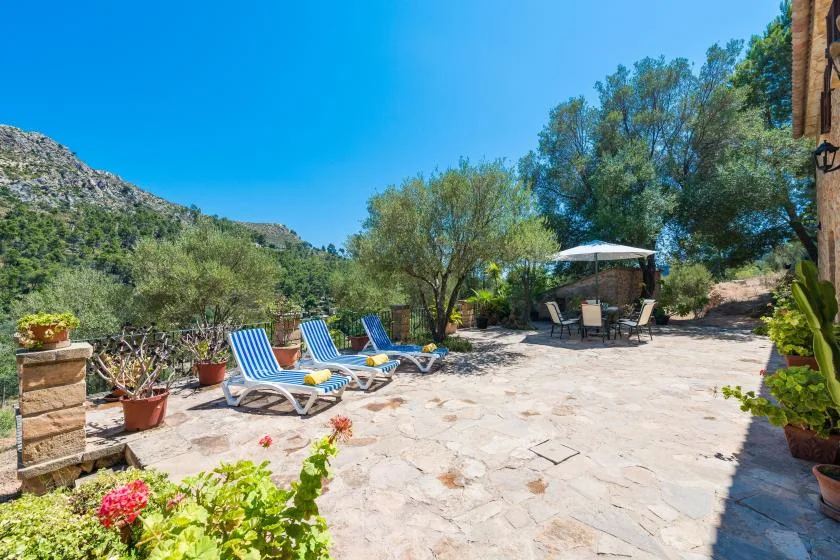 A stone patio has lounge chairs, potted plants, and a shaded dining area.