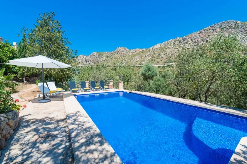 An outdoor swimming pool with loungers and an umbrella beside it.