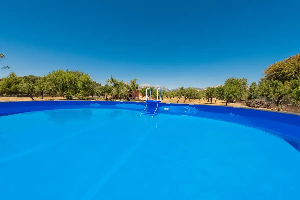 An outdoor swimming pool surrounded by trees beneath a clear blue sky.
