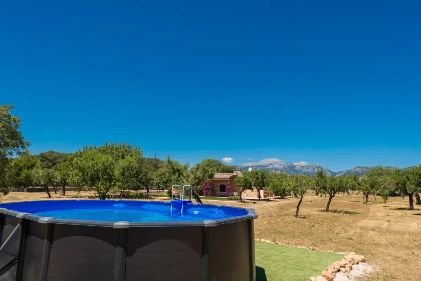 An outdoor above-ground pool sits in a dry, tree-dotted landscape.