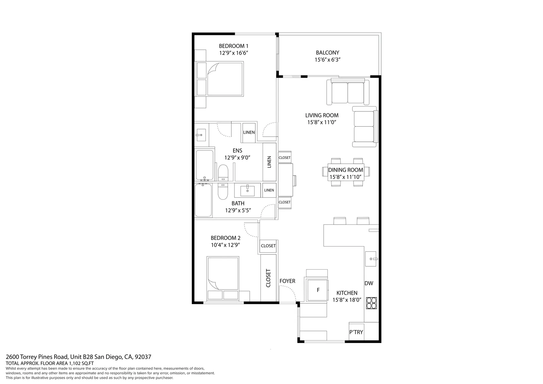 Un plano de apartamento muestra dormitorios, áreas de estar y comedor, una cocina y un balcón.