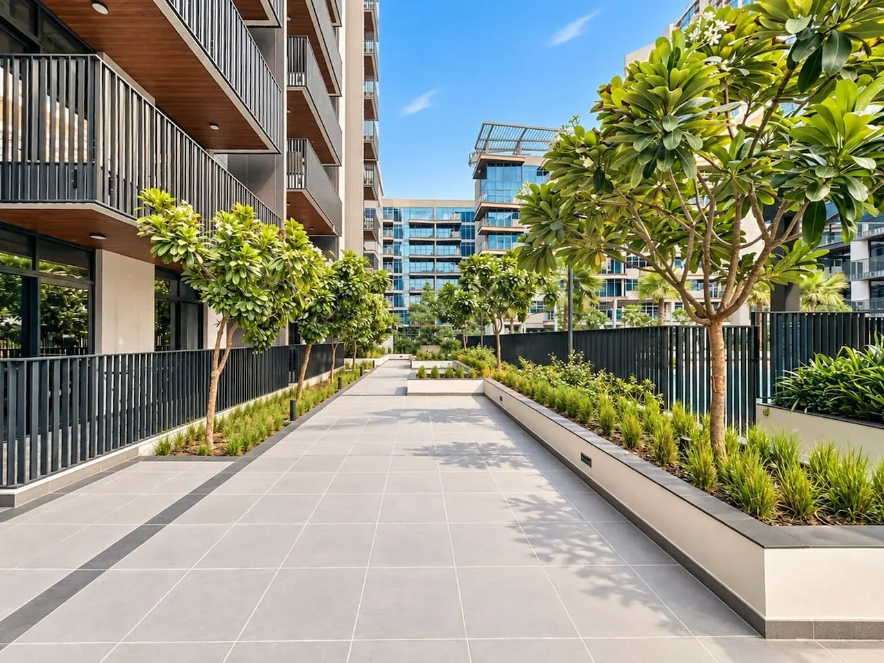 A paved outdoor walkway runs between modern buildings and landscaped planters.