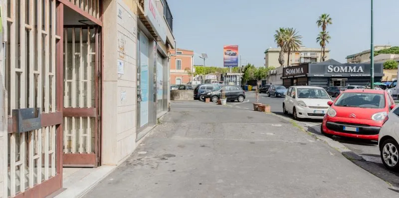A paved street runs between storefronts and parked cars.