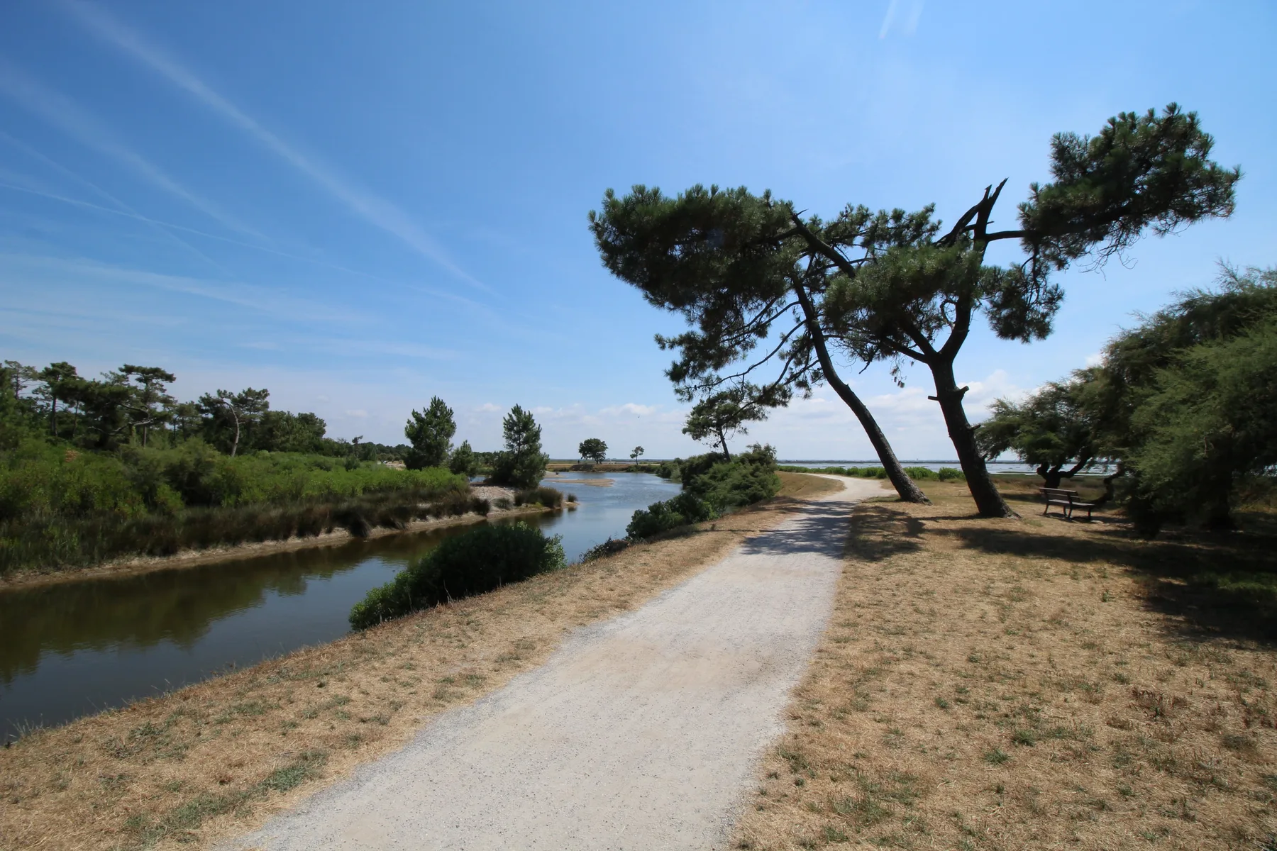 A gravel path follows a narrow waterway beneath a clear blue sky.