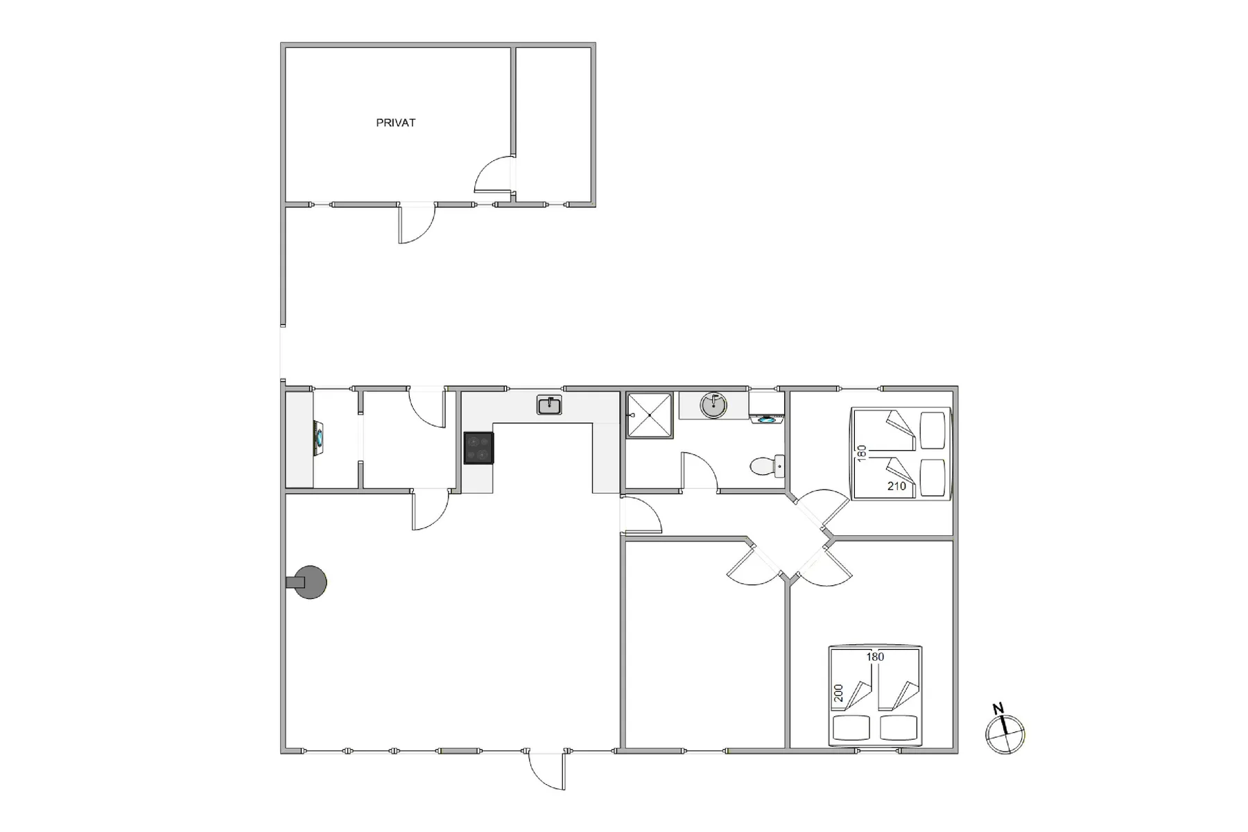 Un plano muestra varias habitaciones dispuestas alrededor de una zona central de estar.