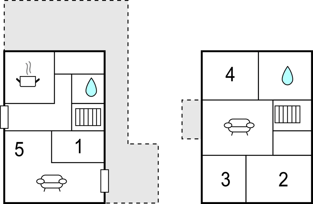 A black-and-white floor plan shows numbered rooms, seating, and bathroom fixtures.