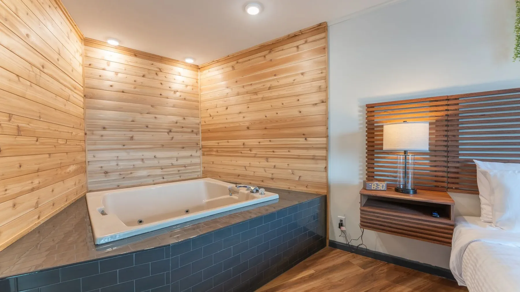 Tiled soaking tub and vanity