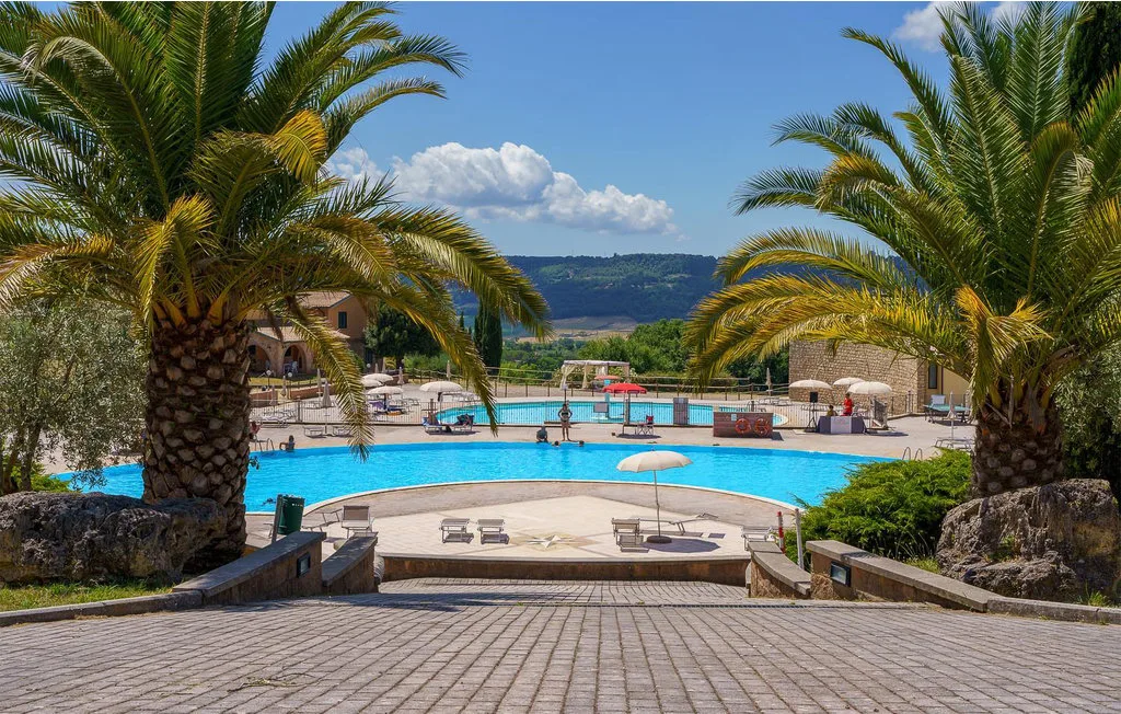 A swimming pool sits among palm trees, with hills visible in the distance.