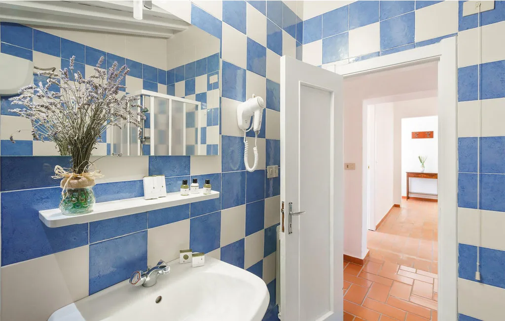 A bathroom with a sink, mirror, and blue-and-white tiled walls.