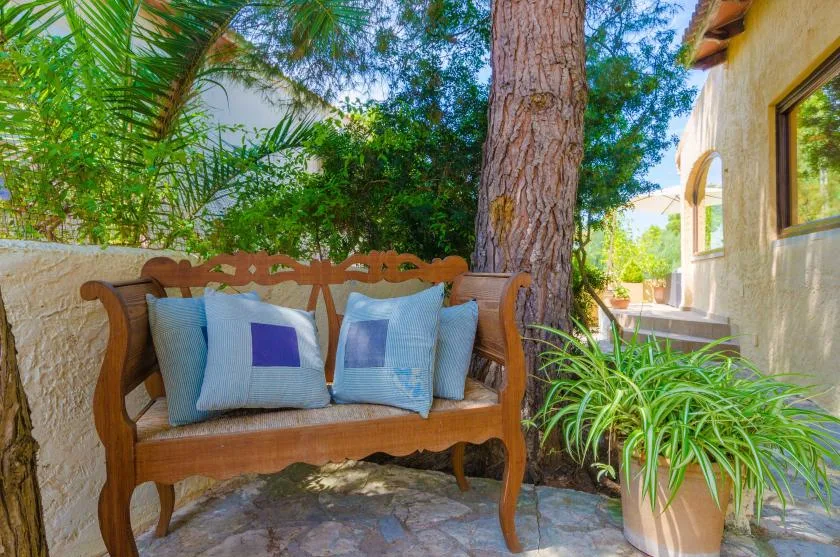 A wooden bench with cushions sits in a leafy outdoor courtyard beside a tree.