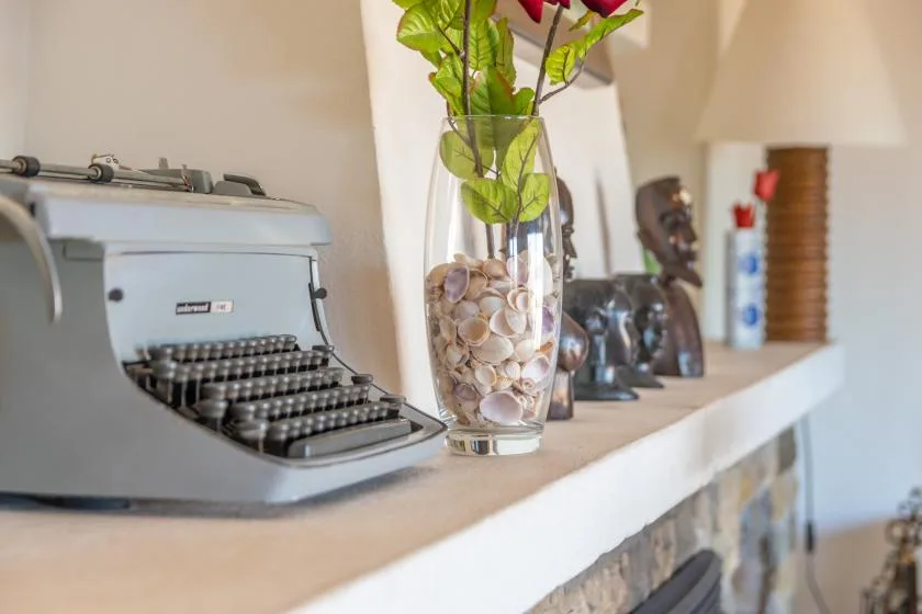 Una máquina de escribir y objetos decorativos están sobre una repisa, junto a un jarrón con plantas.