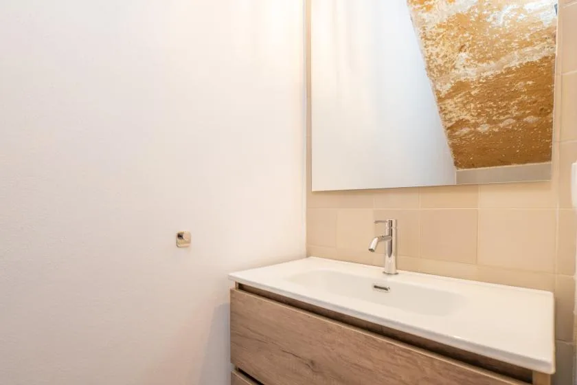 Un tocador de baño con lavabo y espejo.