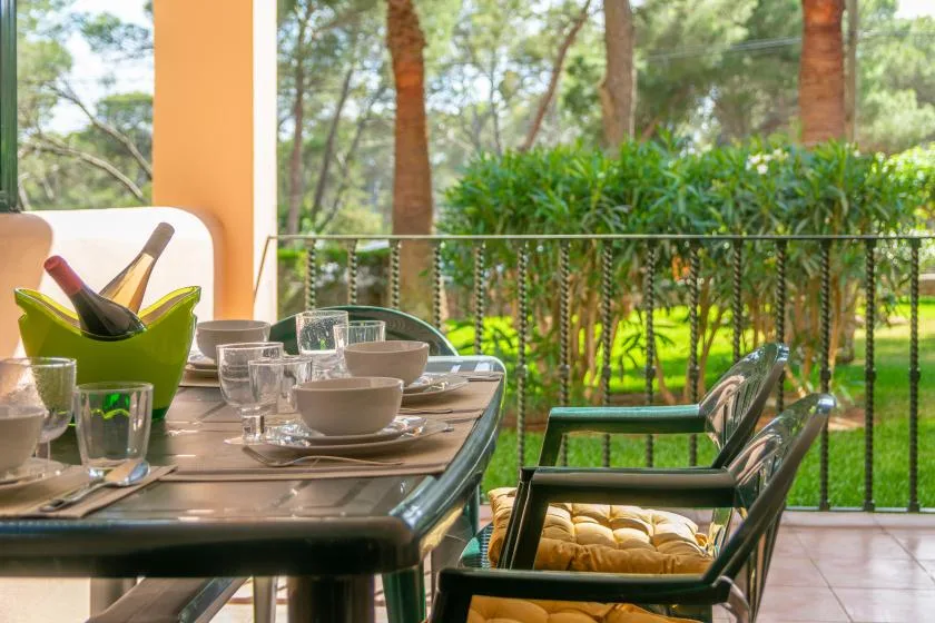 A dining table set with dishes and glasses sits beside a leafy outdoor view.