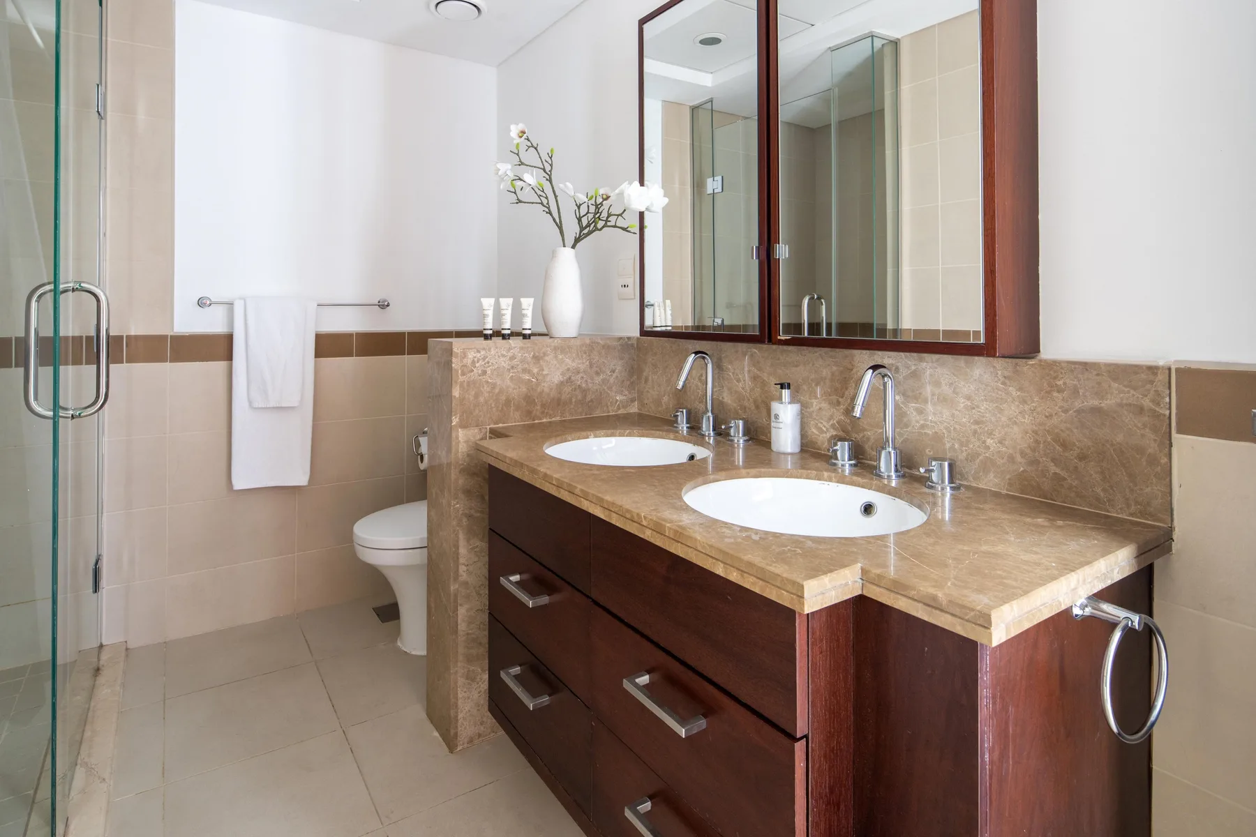 A bathroom vanity with two sinks and a glass-enclosed shower.