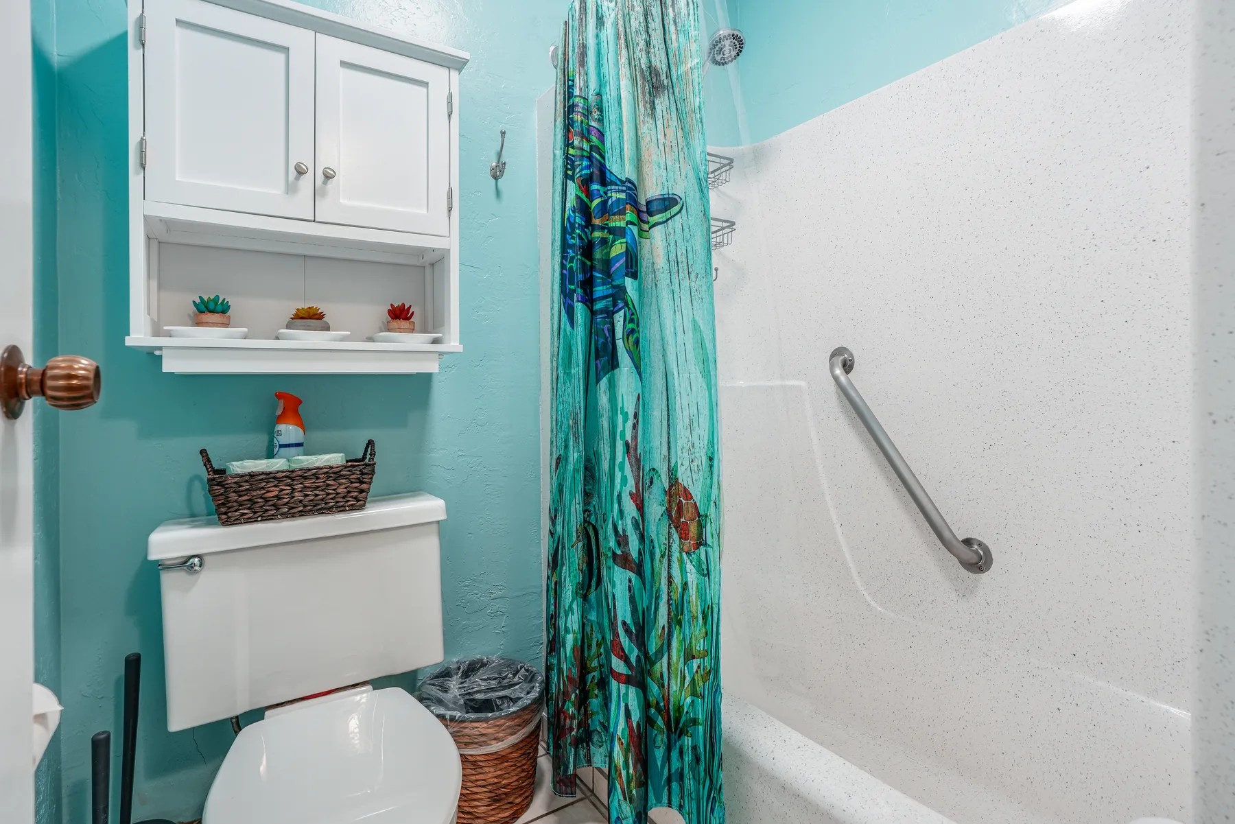A bathroom with a toilet, wall cabinet, and patterned shower curtain.