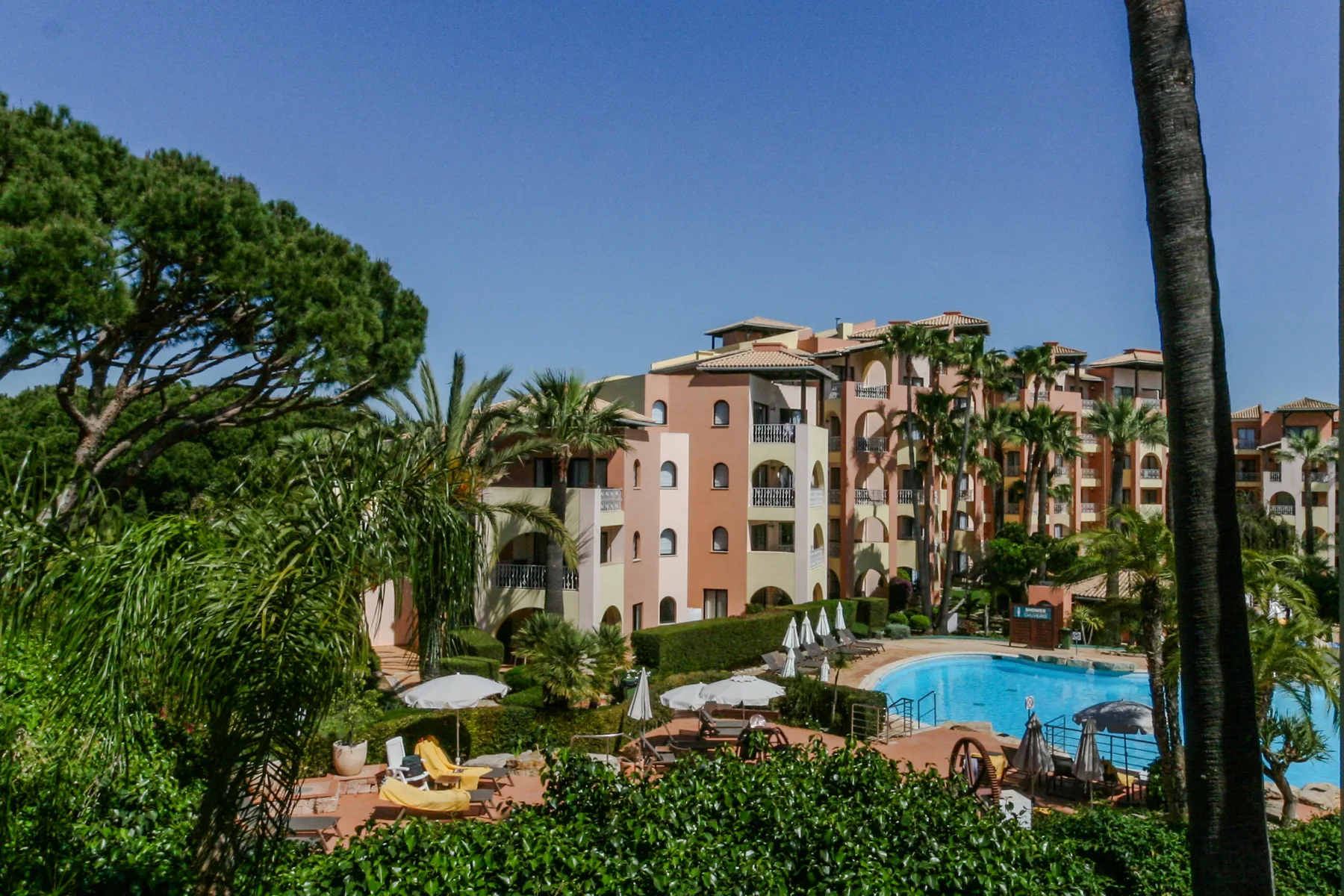 A landscaped pool area sits in front of a pink multi-story building.