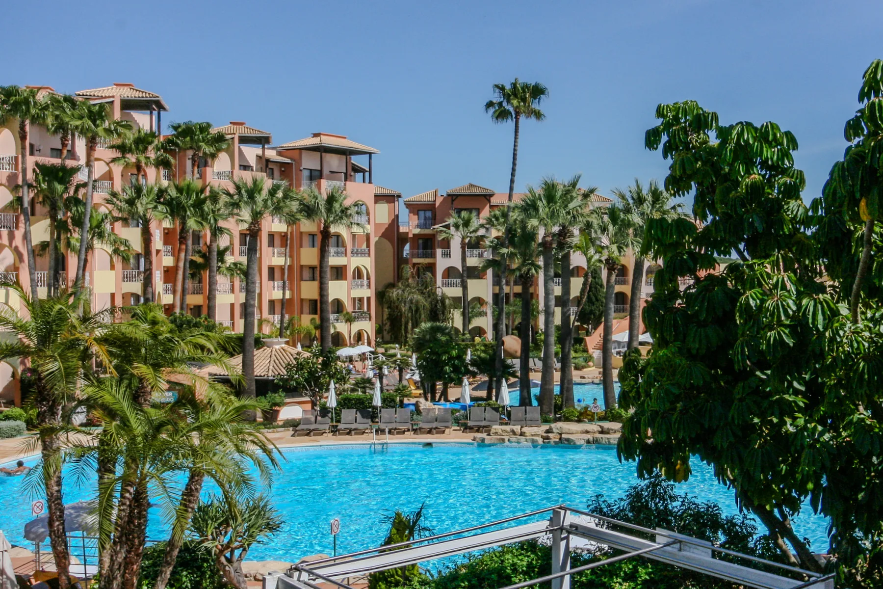 A swimming pool sits in front of a multi-story building surrounded by palm trees.