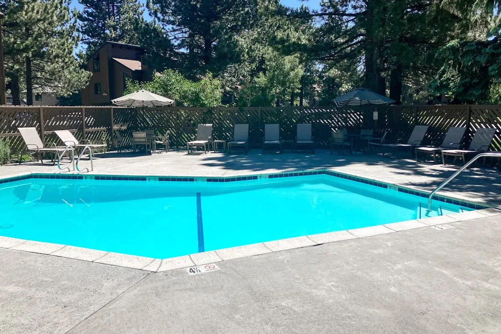 An outdoor swimming pool is surrounded by lounge chairs and trees.