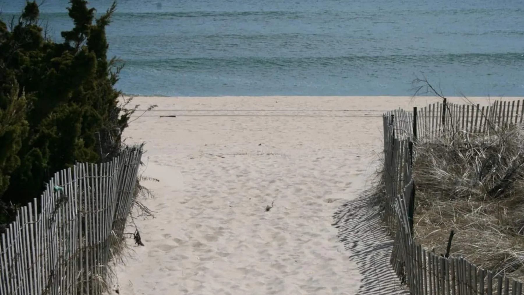 A sandy beach path leads between low fences toward the water.