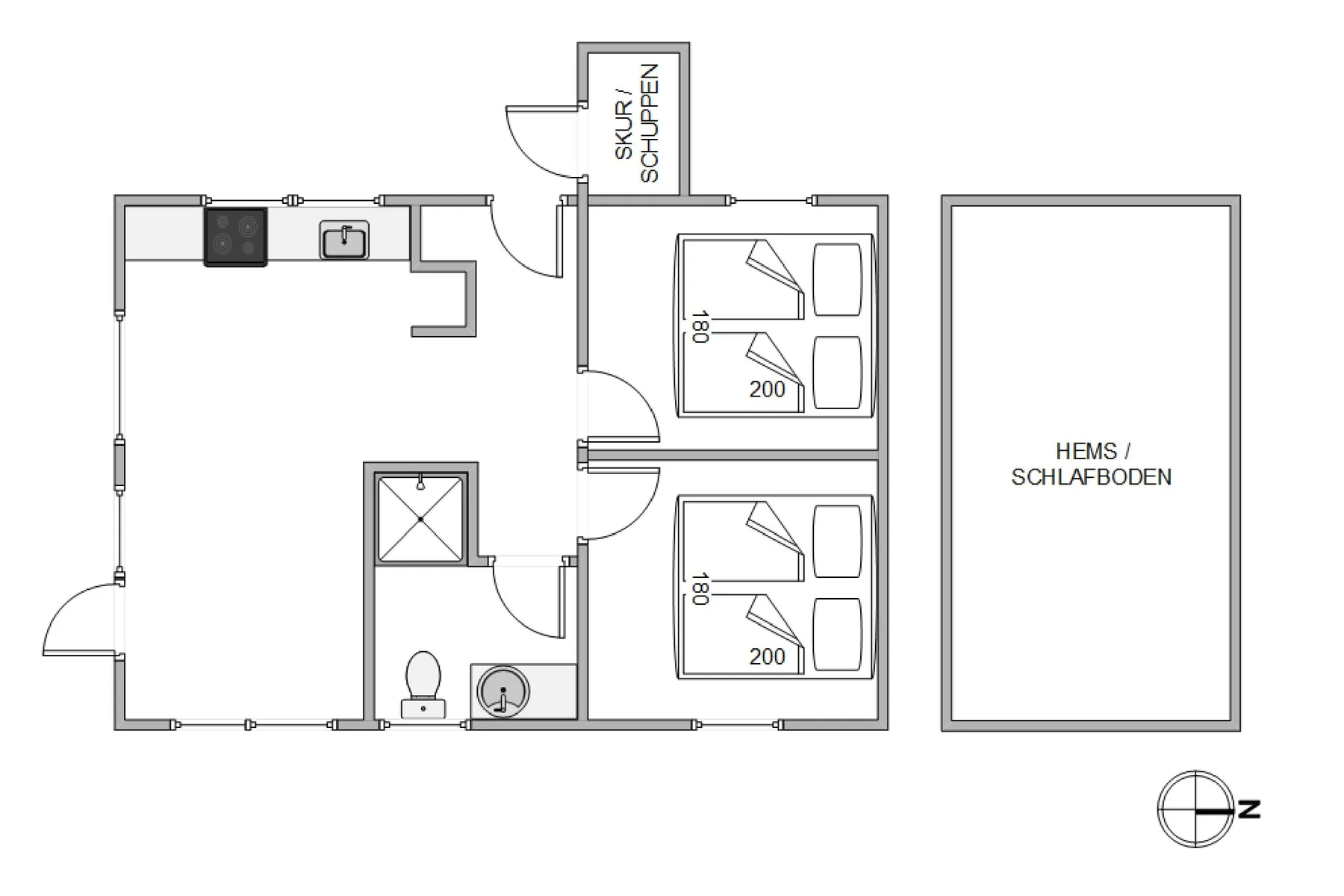 Un plano muestra una cocina, un baño y dos dormitorios.