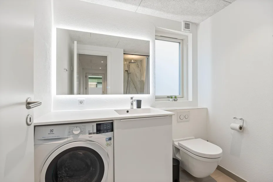 Un baño luminoso con lavadora, lavabo e inodoro.