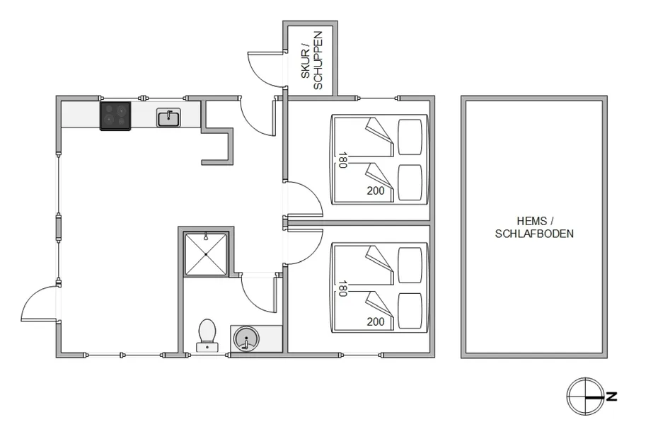 Plano de planta con cocina, baño, dos dormitorios y una zona de almacenamiento separada.
