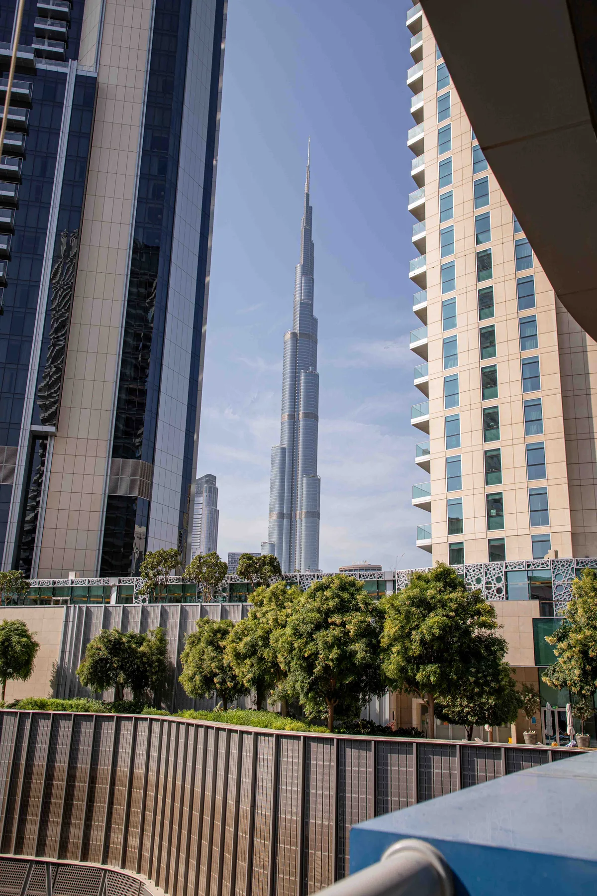 Un paisaje urbano con el Burj Khalifa elevándose sobre edificios cercanos y árboles.