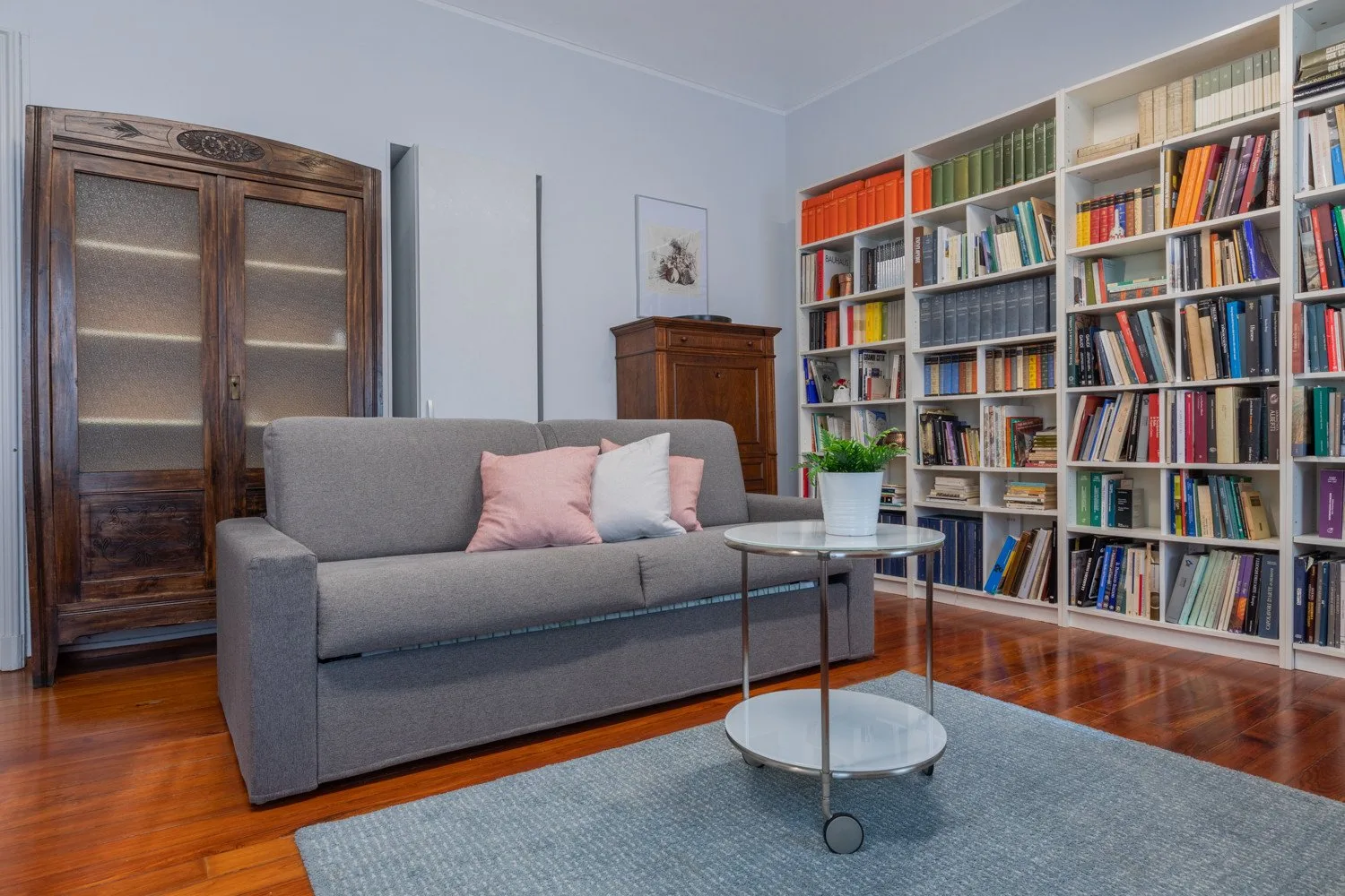 A living room with a gray sofa and bookshelves filled with books.