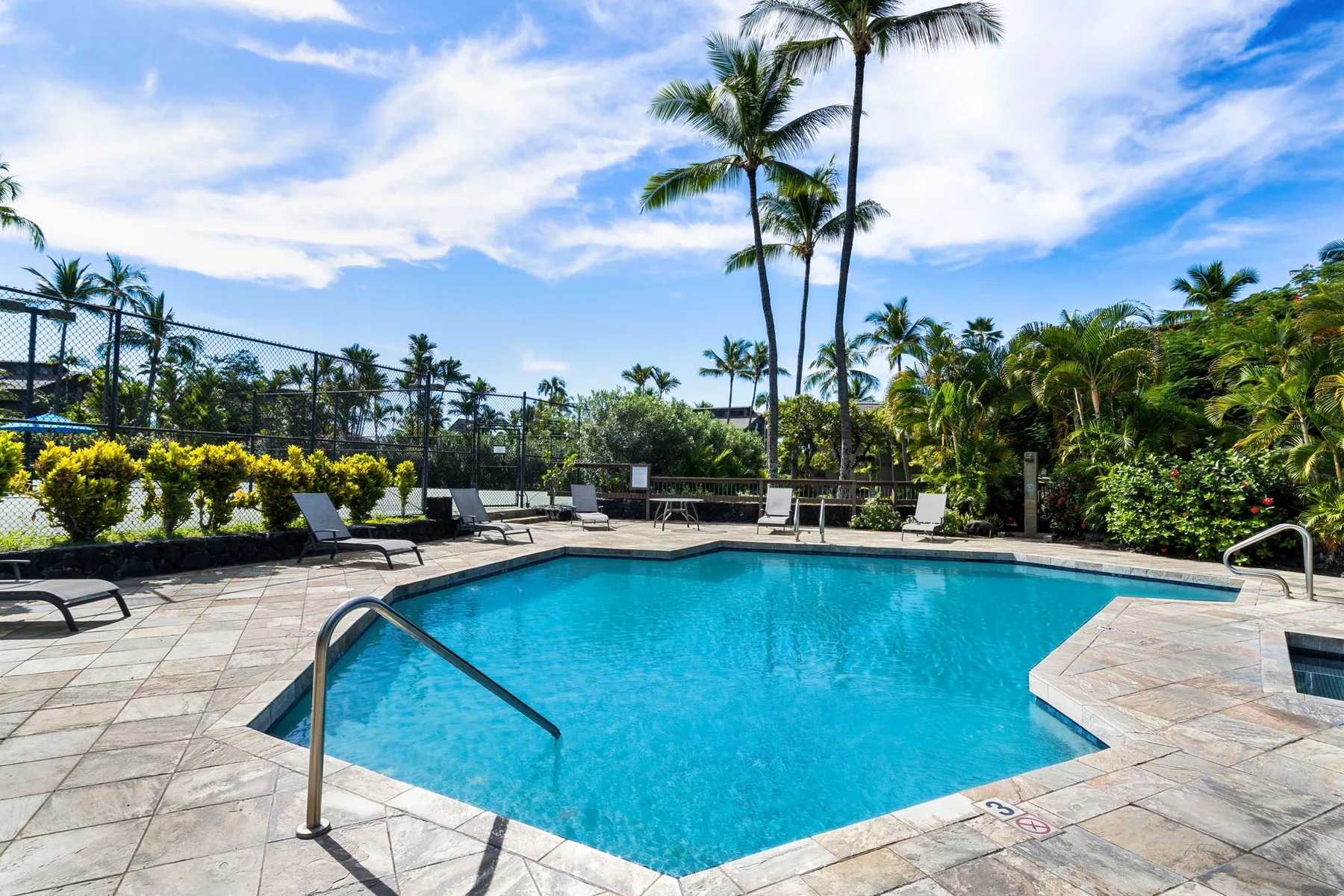 A swimming pool is surrounded by a paved deck, lounge seating, and palm trees.