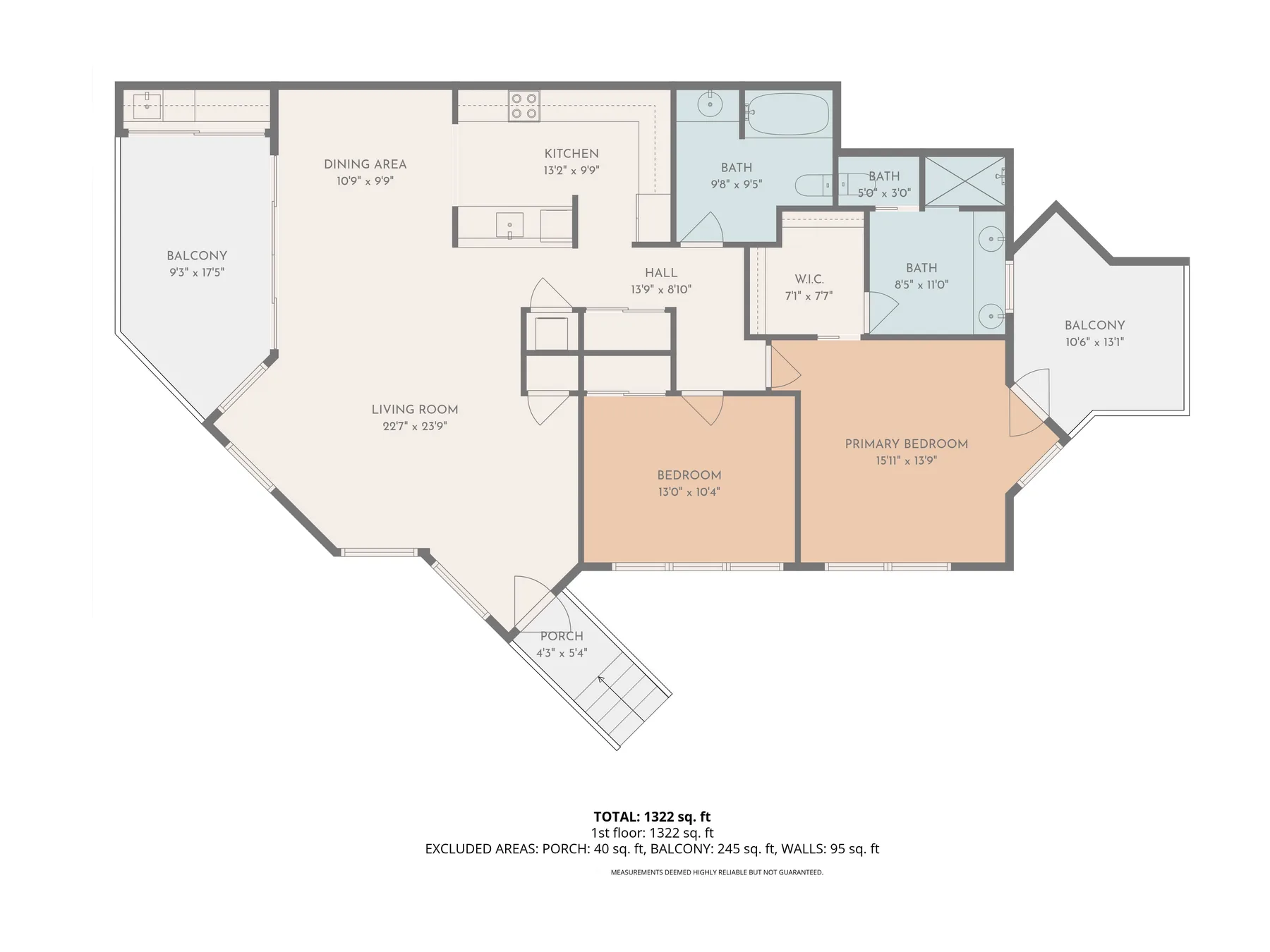 An apartment floor plan shows living and dining areas, bedrooms, bathrooms, and balconies.