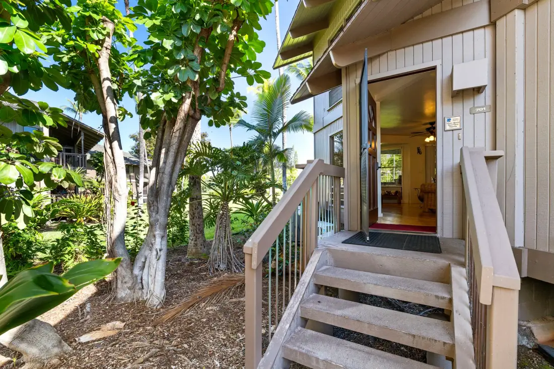 An exterior entryway with wooden steps leading to an open doorway.