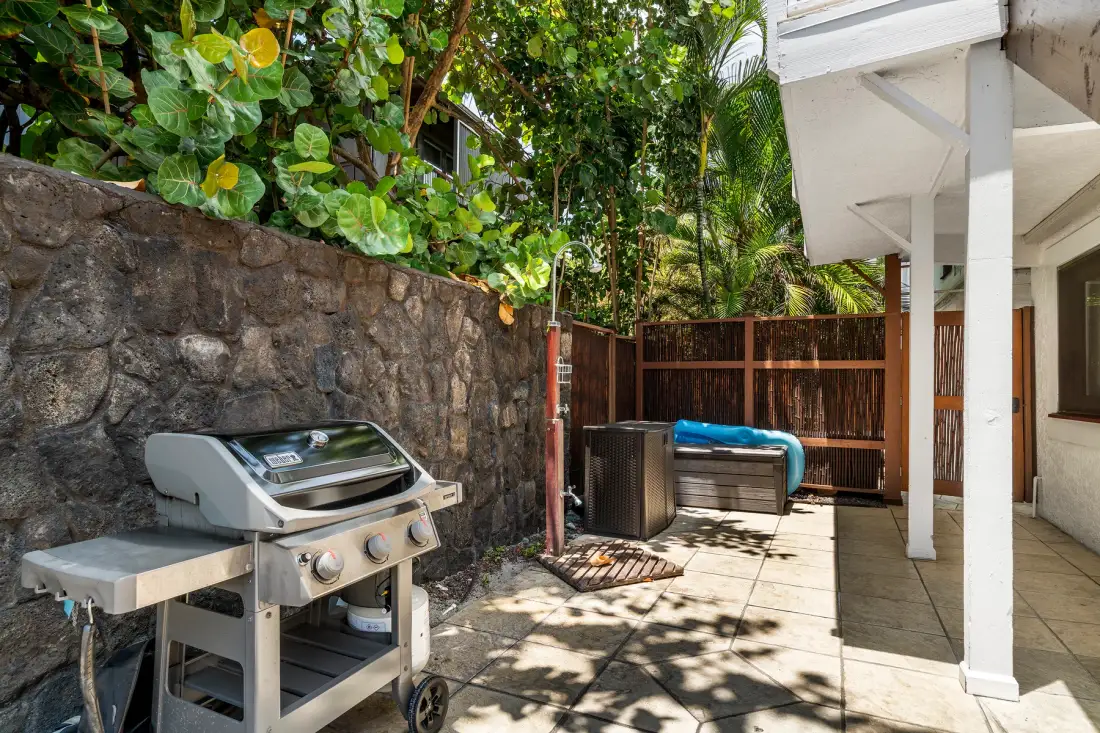 Un patio exterior con una parrilla, una bañera de hidromasaje y vegetación alrededor.