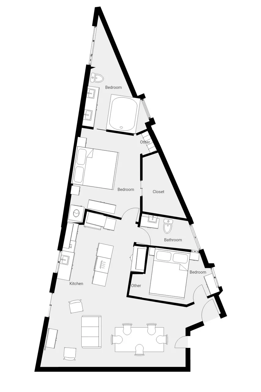 Un plano muestra varios dormitorios, baños y una zona central de estar y comedor.