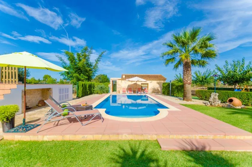 Una piscina al aire libre está rodeada de un patio pavimentado, asientos y vegetación.