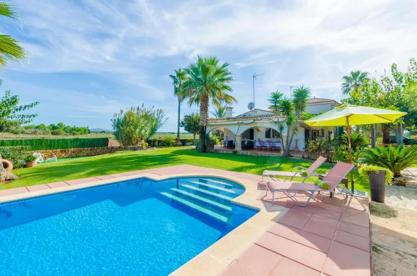 Una piscina en el patio con asientos y una terraza sombreada junto a la casa.