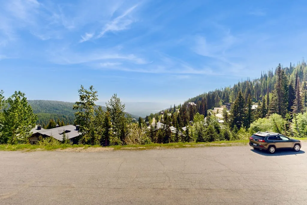 A mountain road turnout overlooks a forested hillside beneath a blue sky.